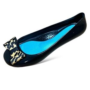 OKA B. Jelly Shiny Black Liquorice Ballet Flats Animal Print Grosgrain Ribbon 7